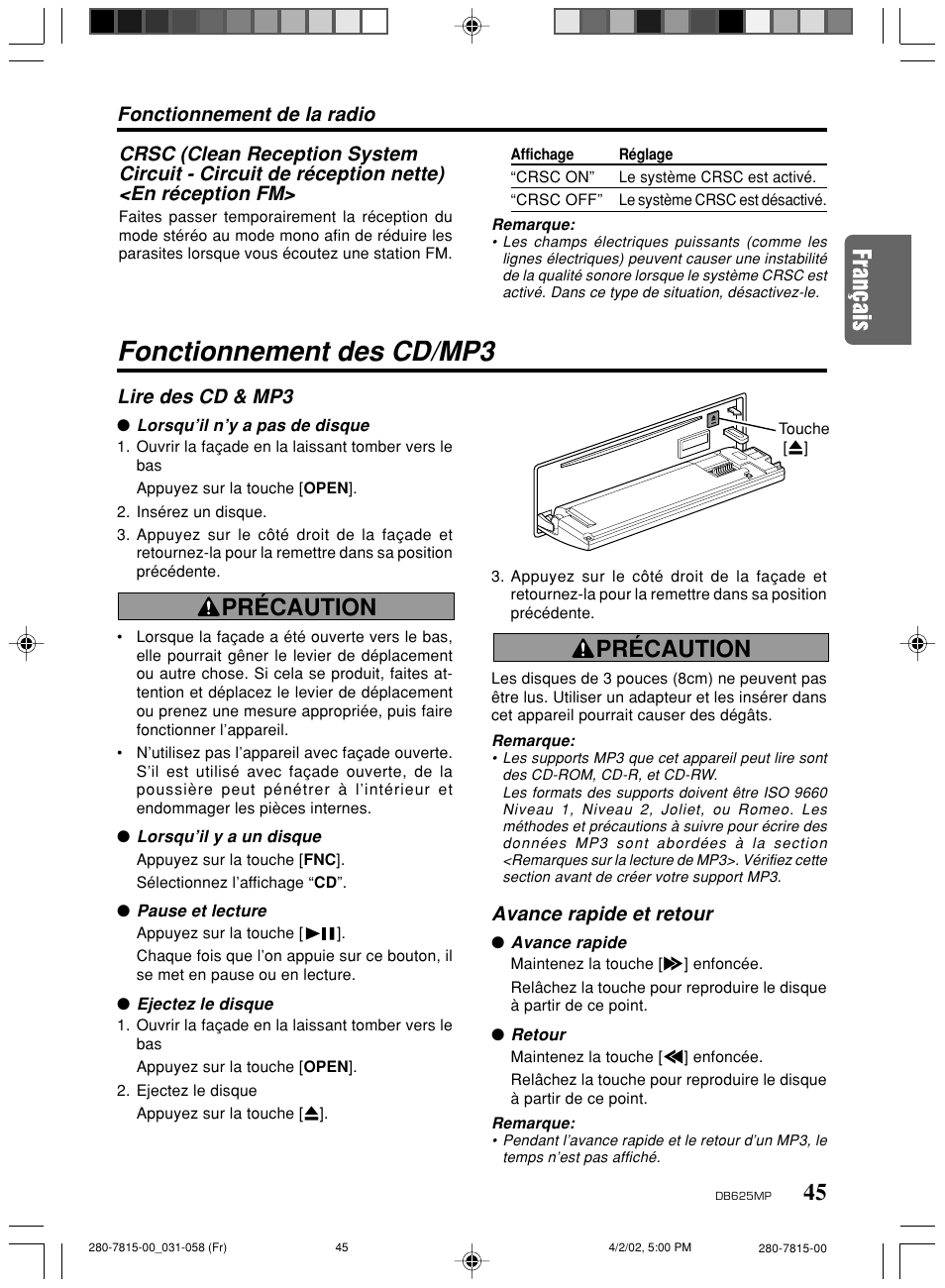 Fonctionnement des cd/mp3, Précaution, Lire des cd & mp3 | Avance rapide et retour | Clarion DB625MP User Manual | Page 41 / 80