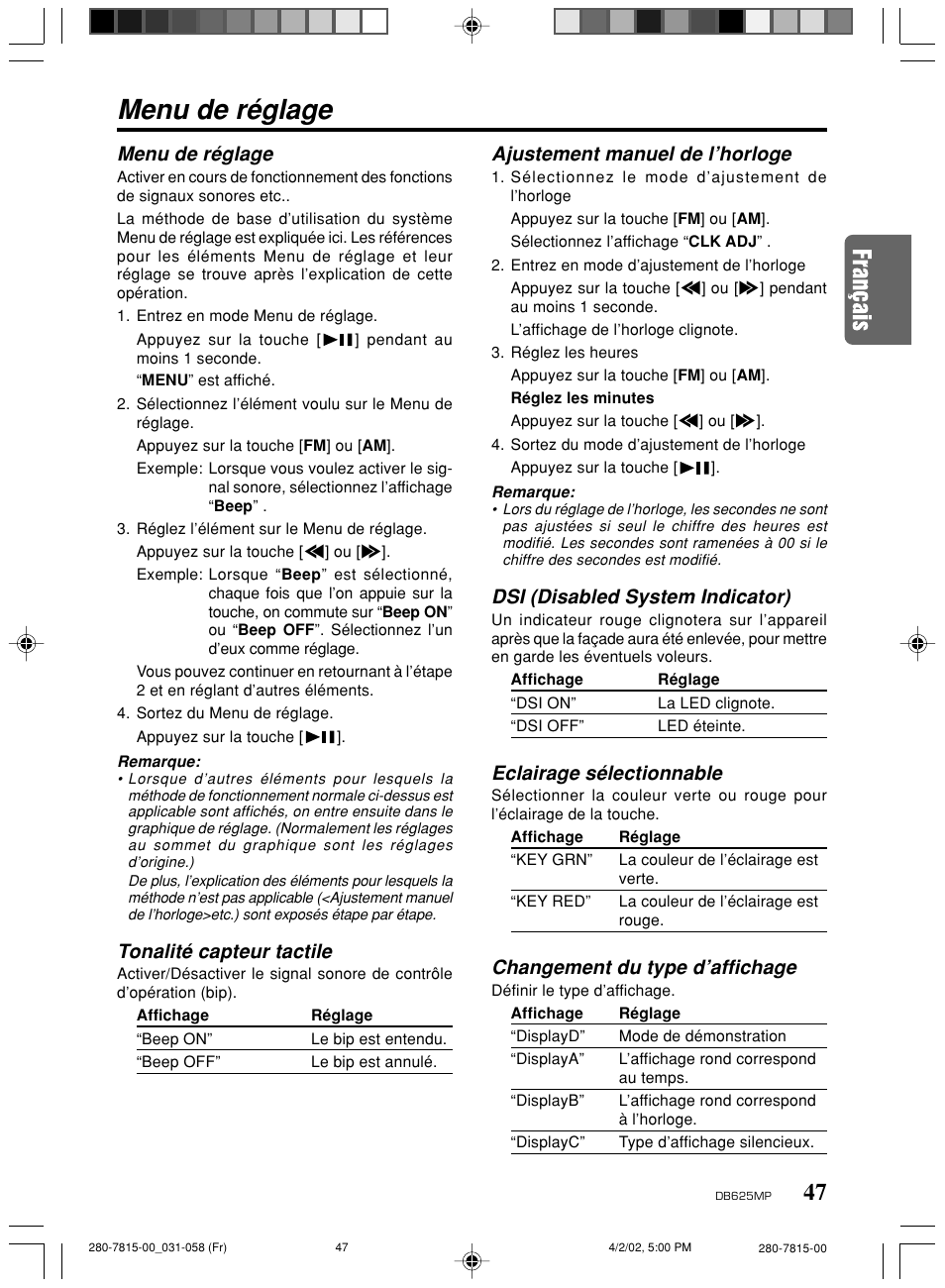 Menu de réglage, Tonalité capteur tactile, Ajustement manuel de l’horloge | Dsi (disabled system indicator), Eclairage sélectionnable, Changement du type d’affichage | Clarion DB625MP User Manual | Page 43 / 80