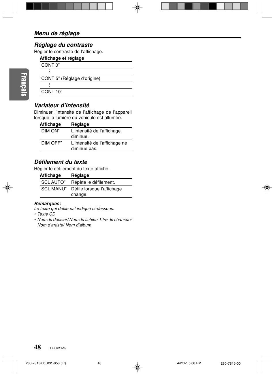 Réglage du contraste, Variateur d’intensité, Défilement du texte | Menu de réglage | Clarion DB625MP User Manual | Page 44 / 80