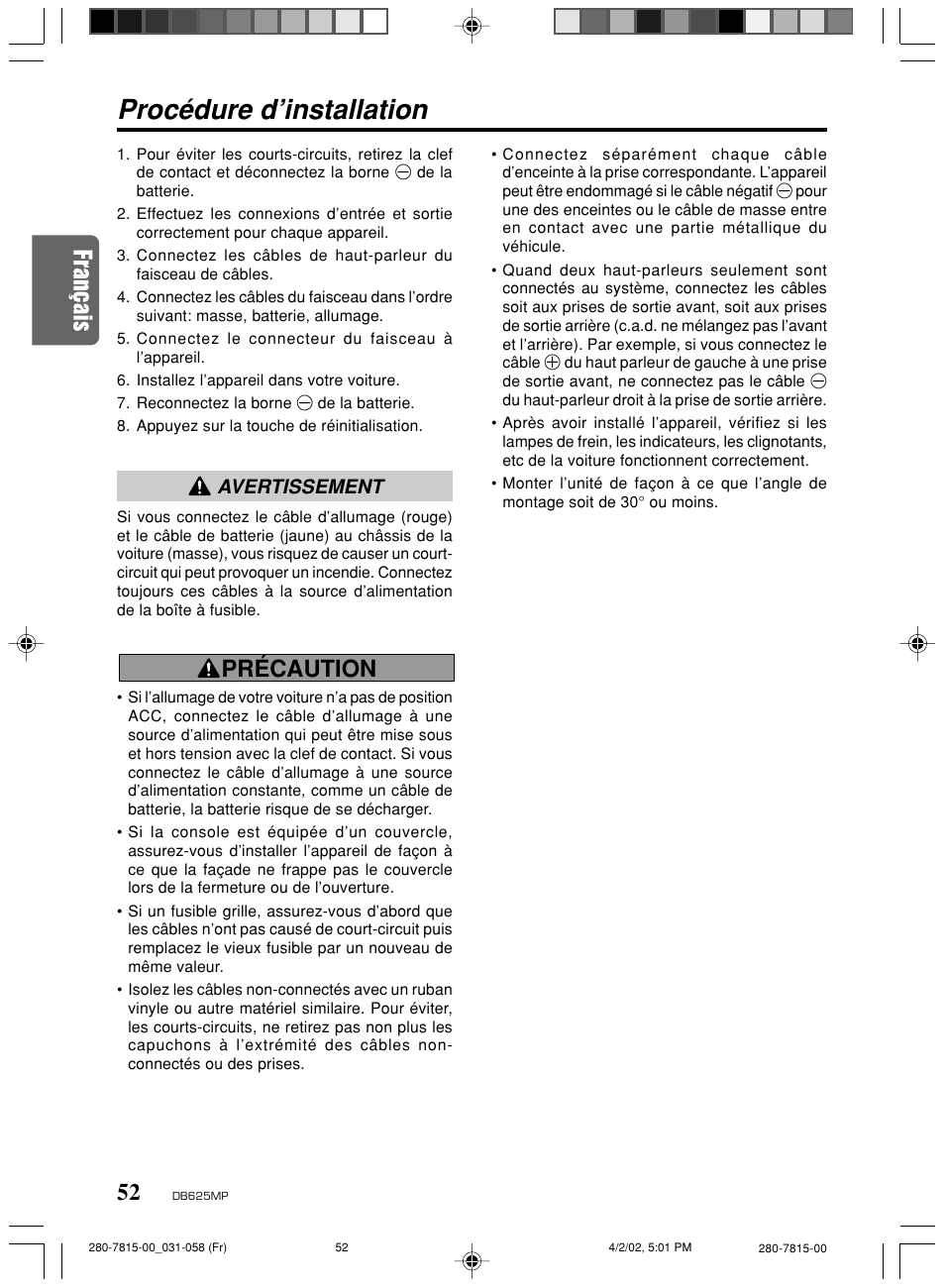 Procédure d’installation, Précaution, Avertissement | Clarion DB625MP User Manual | Page 48 / 80