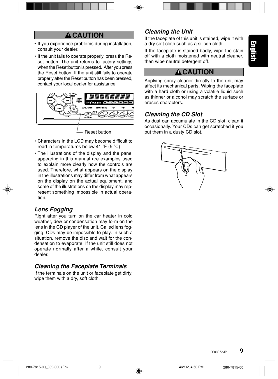 Db625mp_eng.pdf, 9caution, Caution | Lens fogging, Cleaning the faceplate terminals, Cleaning the unit, Cleaning the cd slot | Clarion DB625MP User Manual | Page 5 / 80