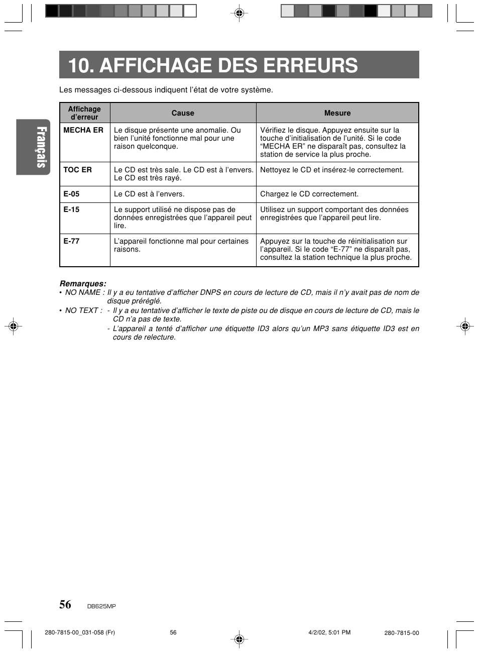 Affichage des erreurs | Clarion DB625MP User Manual | Page 52 / 80