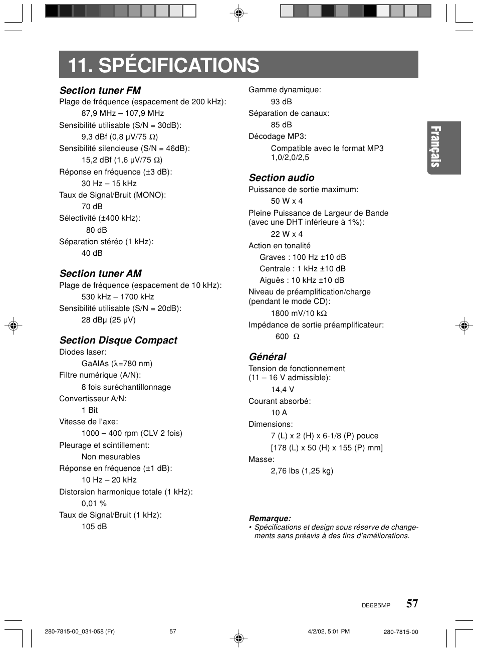 Spécifications, Général | Clarion DB625MP User Manual | Page 53 / 80