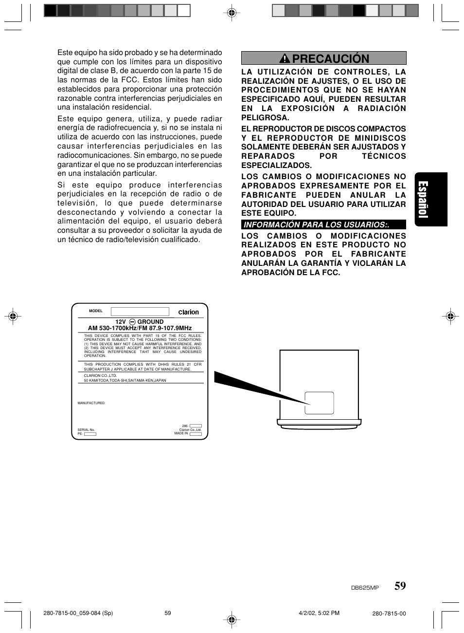 Db625mp_esp.pdf, Precaución, Información para los usuarios | Clarion DB625MP User Manual | Page 55 / 80