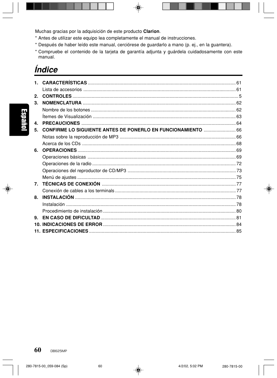 Índice | Clarion DB625MP User Manual | Page 56 / 80