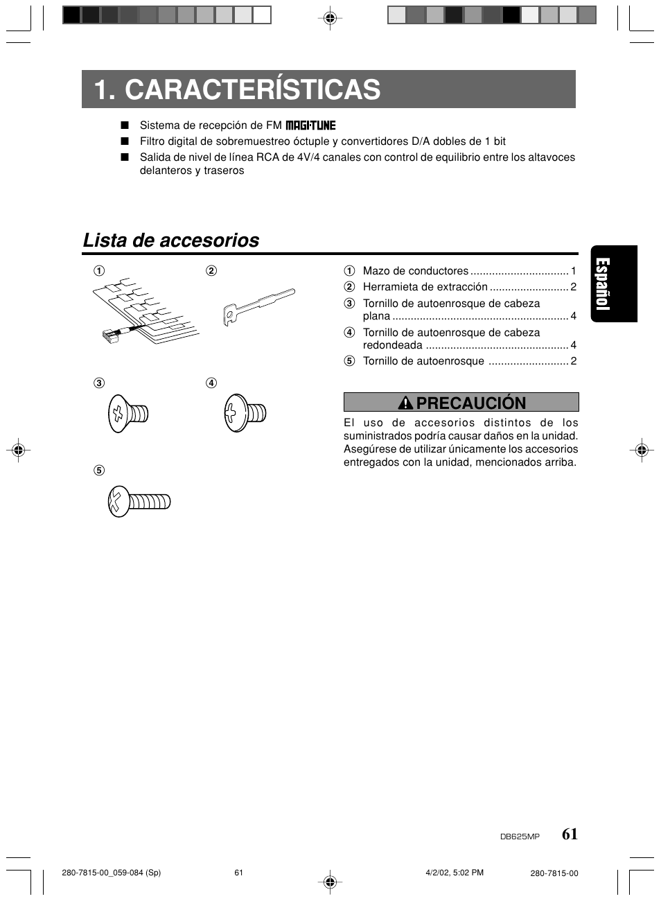 Características, Lista de accesorios, Precaución | Clarion DB625MP User Manual | Page 57 / 80