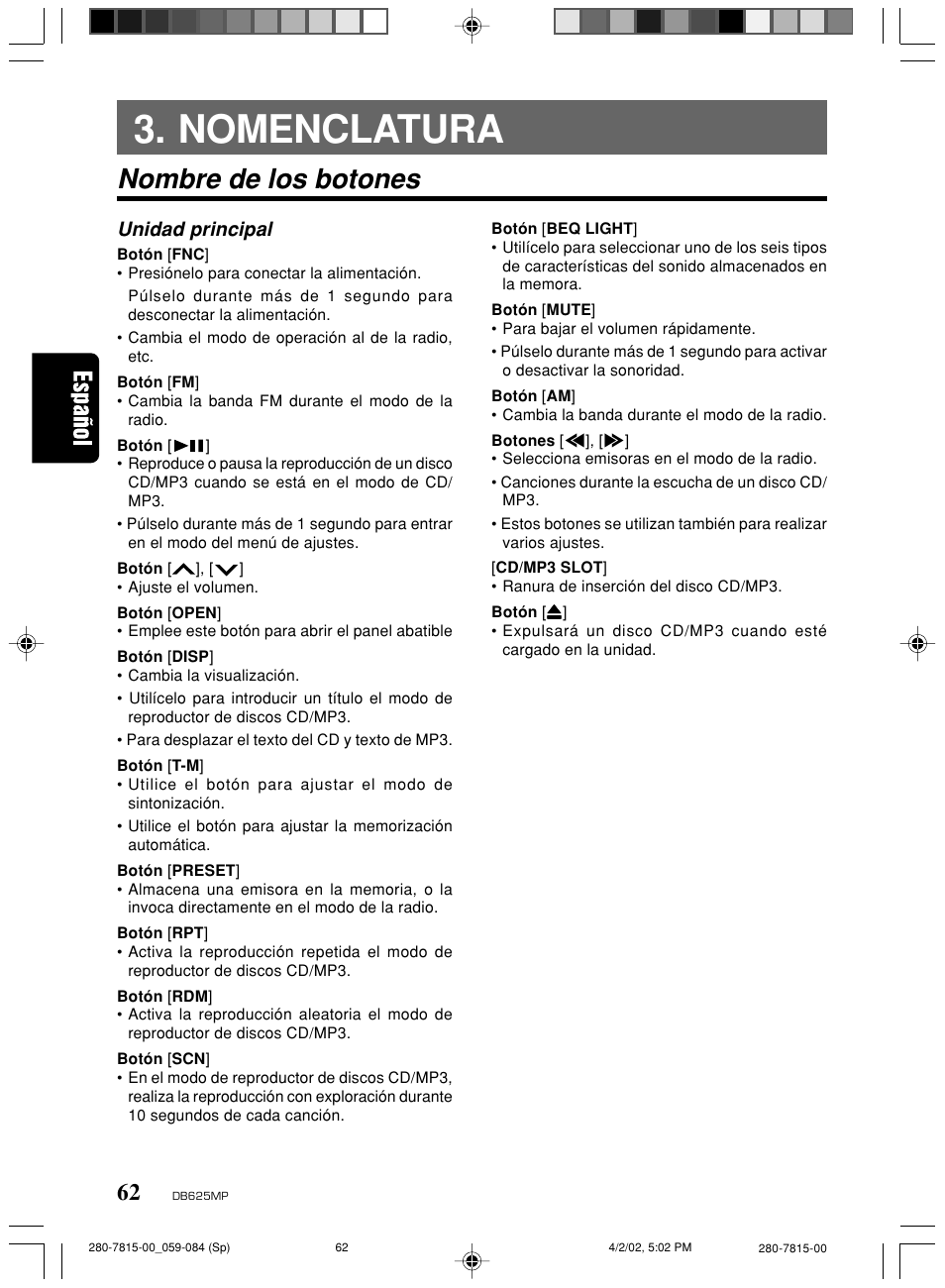 Nomenclatura, Nombre de los botones, Unidad principal | Clarion DB625MP User Manual | Page 58 / 80