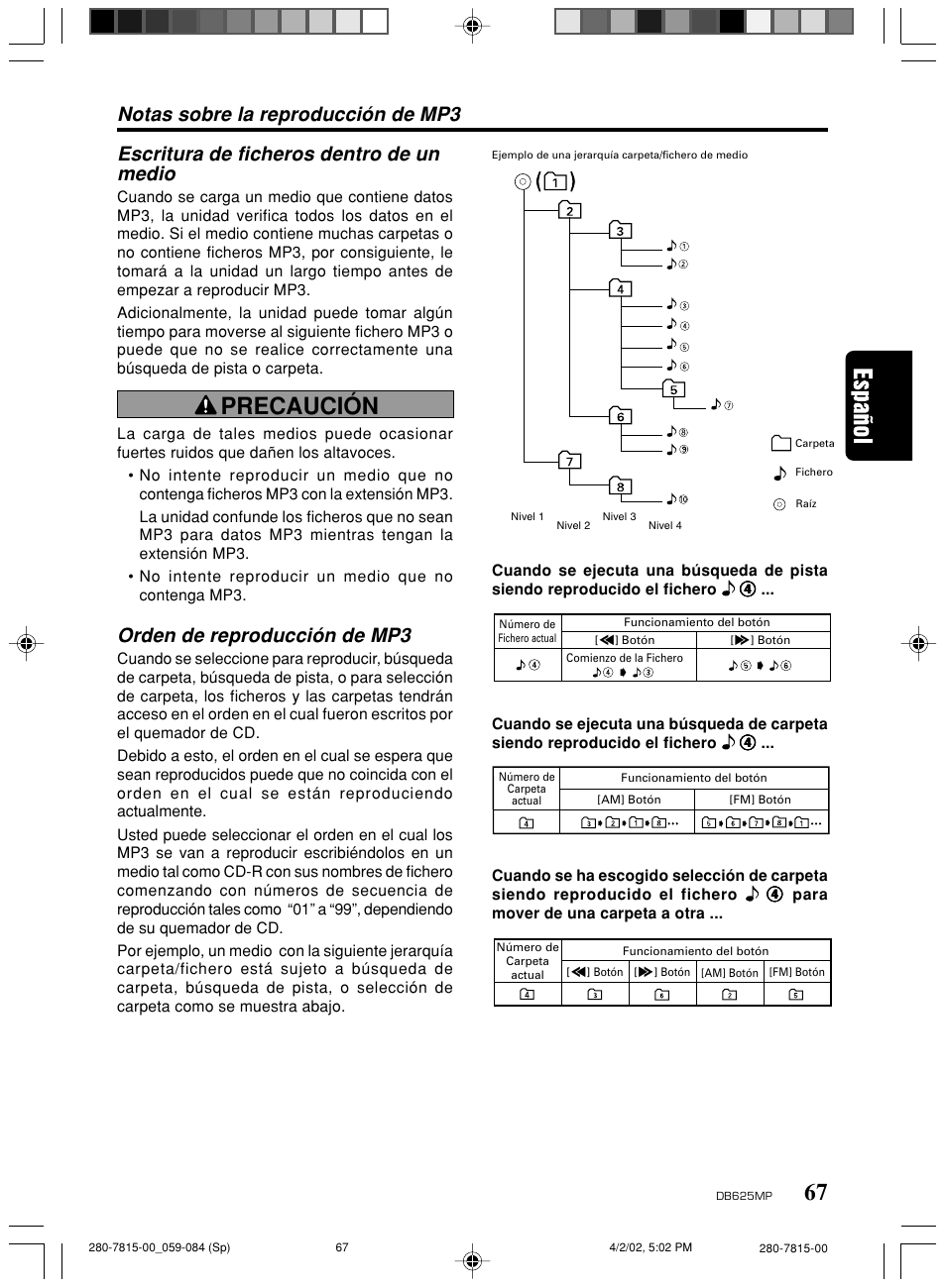 Precaución, Orden de reproducción de mp3 | Clarion DB625MP User Manual | Page 63 / 80