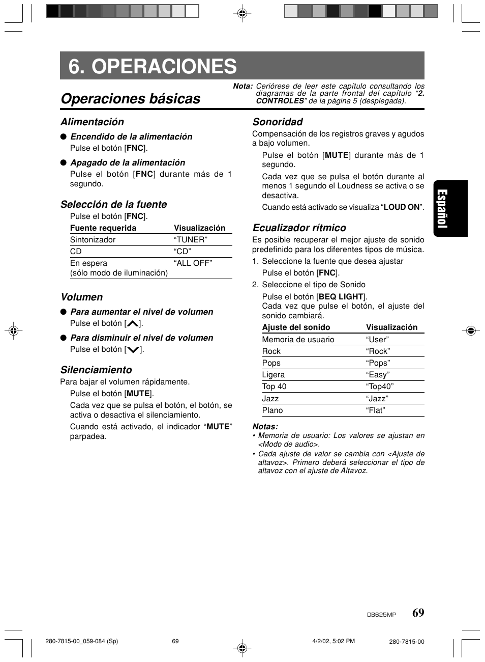 Operaciones, Operaciones básicas, Alimentación | Selección de la fuente, Volumen, Silenciamiento, Sonoridad, Ecualizador rítmico | Clarion DB625MP User Manual | Page 65 / 80