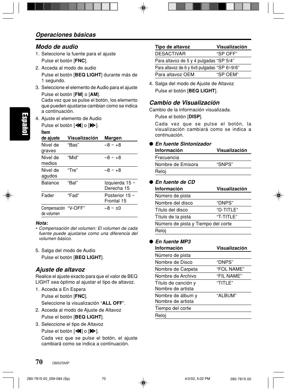Operaciones básicas modo de audio, Ajuste de altavoz, Cambio de visualización | Clarion DB625MP User Manual | Page 66 / 80