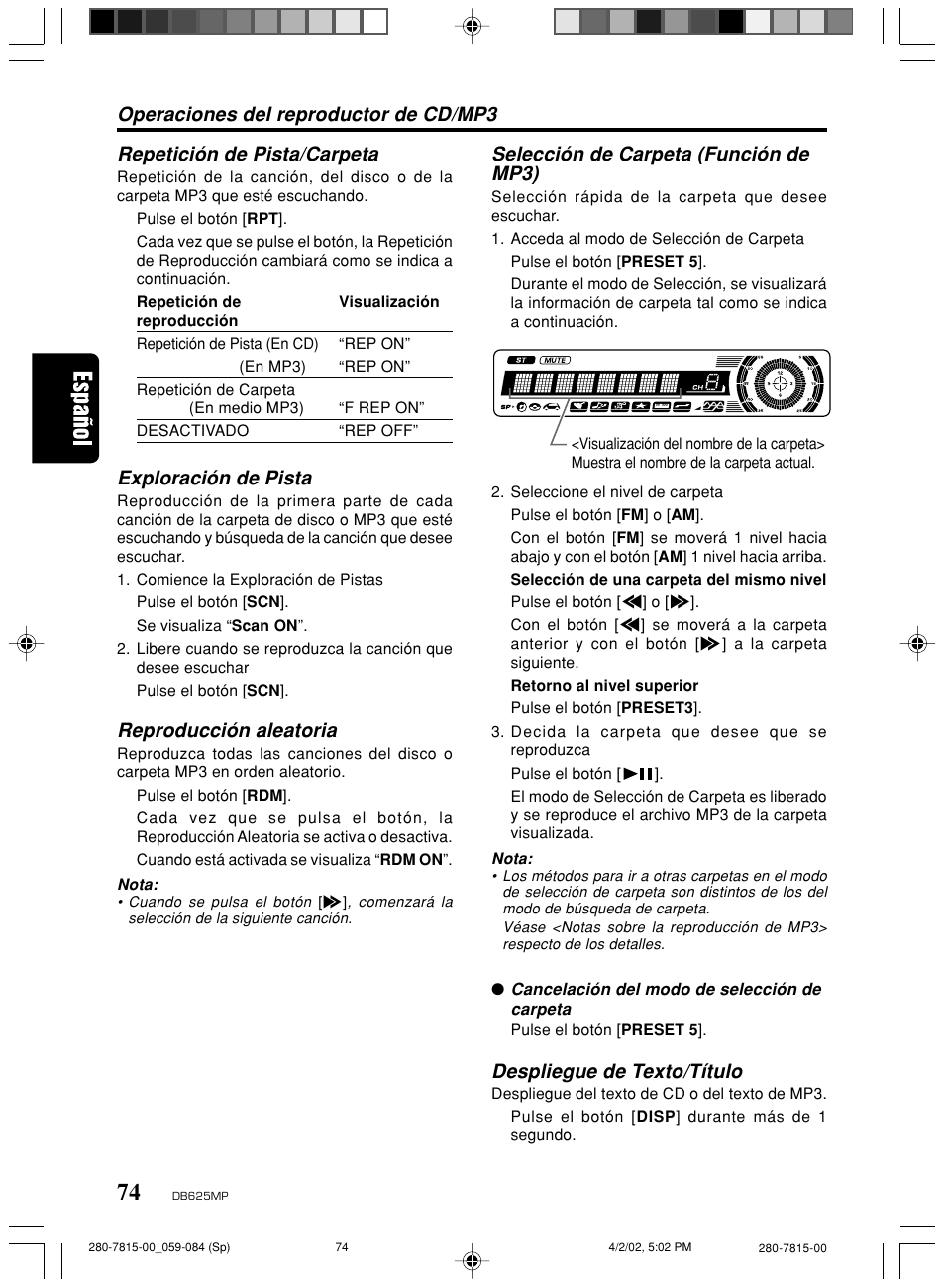 Exploración de pista, Reproducción aleatoria, Selección de carpeta (función de mp3) | Despliegue de texto/título | Clarion DB625MP User Manual | Page 70 / 80