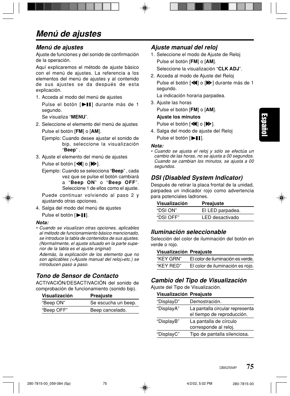 Menú de ajustes, Tono de sensor de contacto, Ajuste manual del reloj | Dsi (disabled system indicator), Iluminación seleccionable, Cambio del tipo de visualización | Clarion DB625MP User Manual | Page 71 / 80