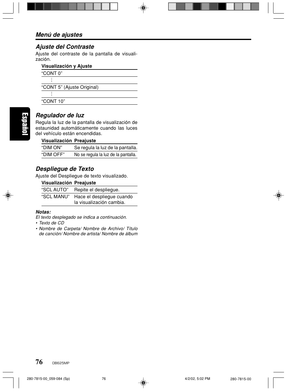 Menú de ajustes ajuste del contraste, Regulador de luz, Despliegue de texto | Clarion DB625MP User Manual | Page 72 / 80