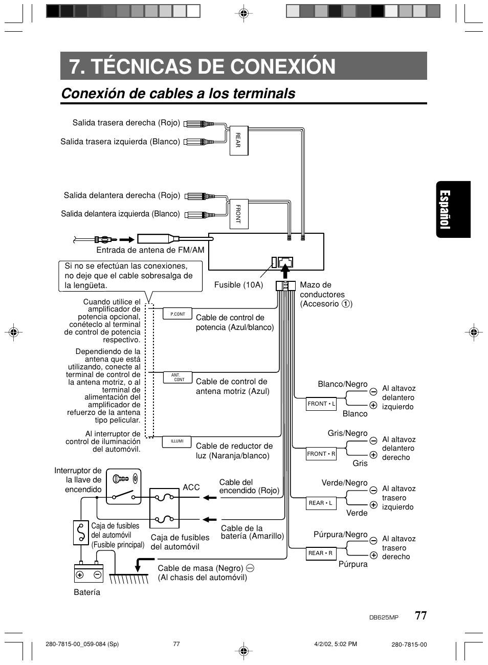 Técnicas de conexión, Conexión de cables a los terminals | Clarion DB625MP User Manual | Page 73 / 80