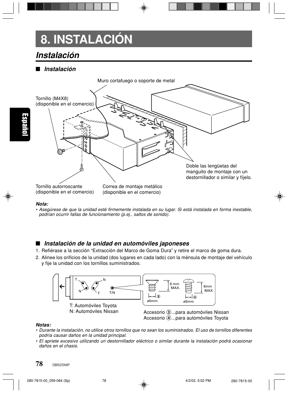 Instalación, Instalación de la unidad en automóviles japoneses | Clarion DB625MP User Manual | Page 74 / 80