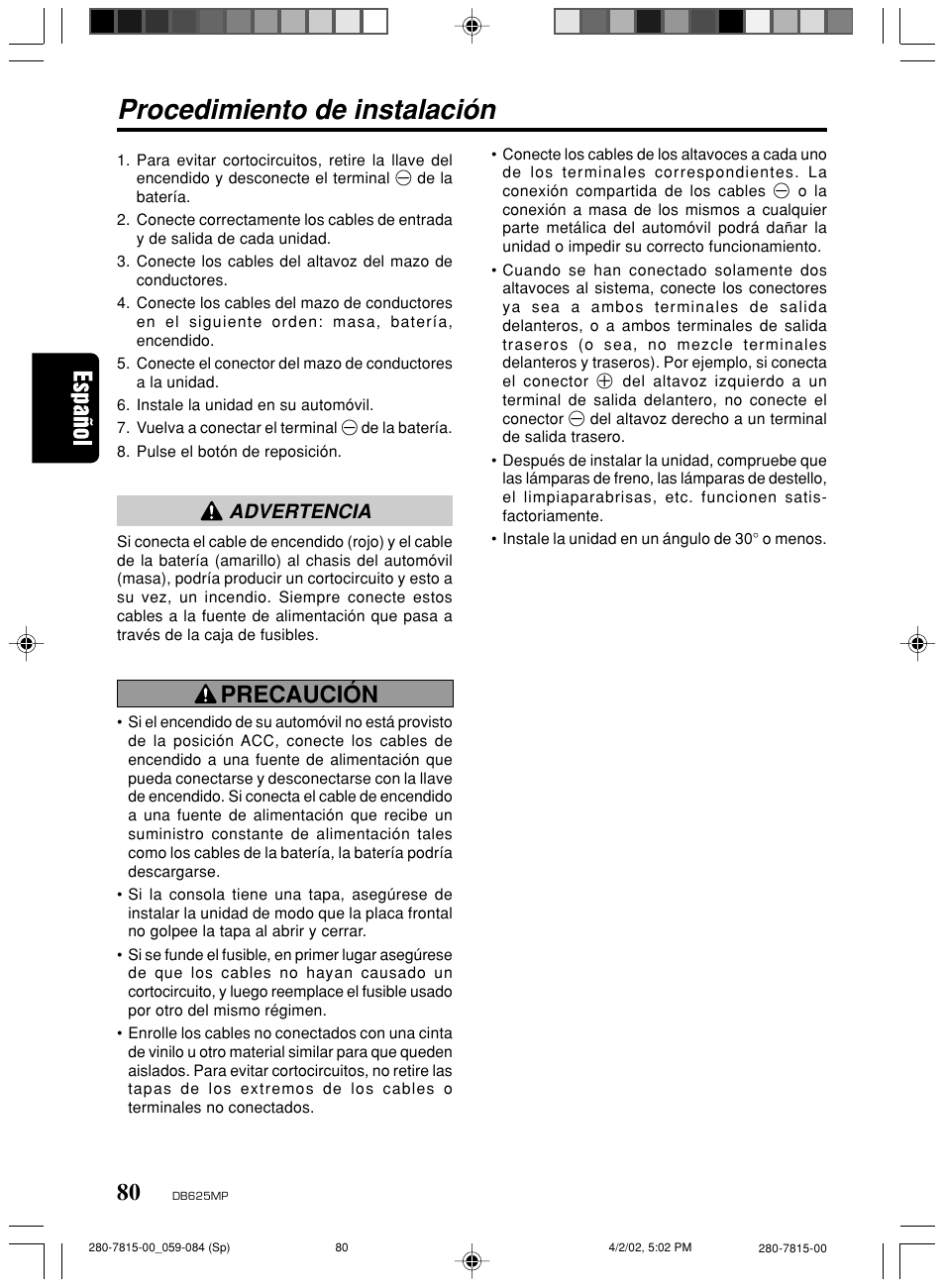 Procedimiento de instalación, Precaución, Advertencia | Clarion DB625MP User Manual | Page 76 / 80