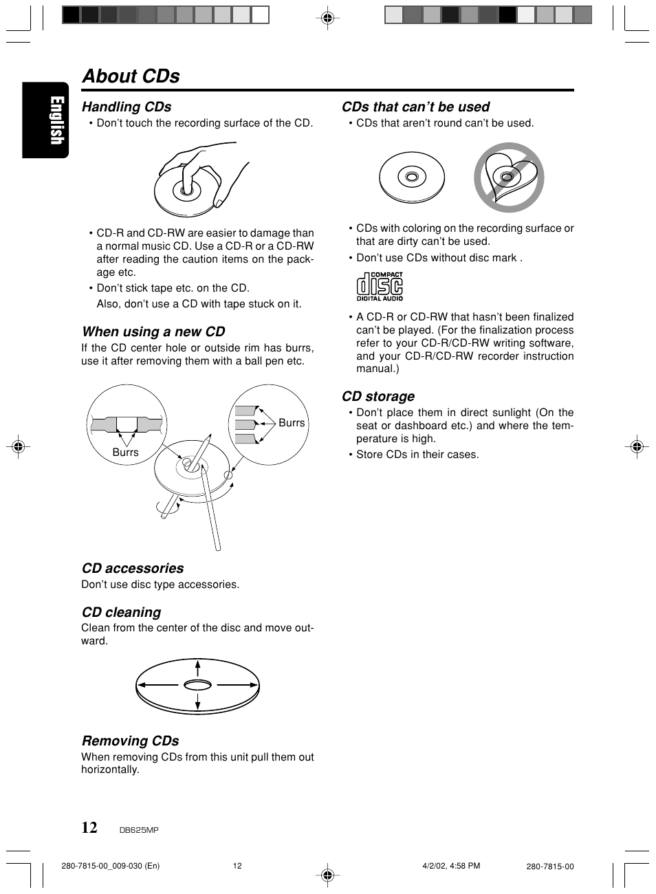 About cds, Handling cds, When using a new cd | Cd accessories, Cd cleaning, Removing cds, Cds that can’t be used, Cd storage | Clarion DB625MP User Manual | Page 8 / 80