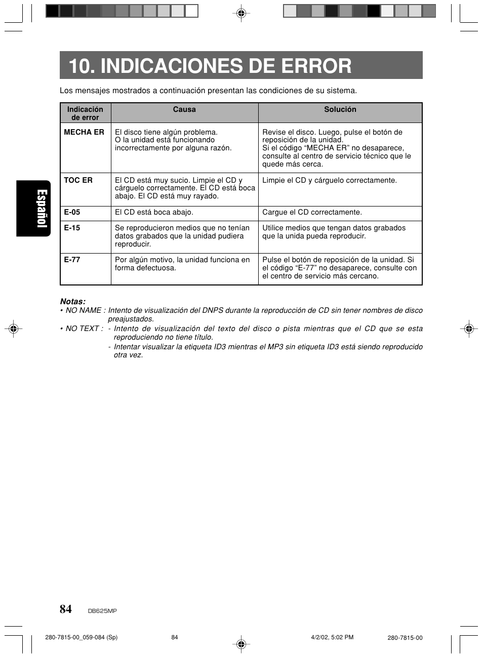 Indicaciones de error | Clarion DB625MP User Manual | Page 80 / 80