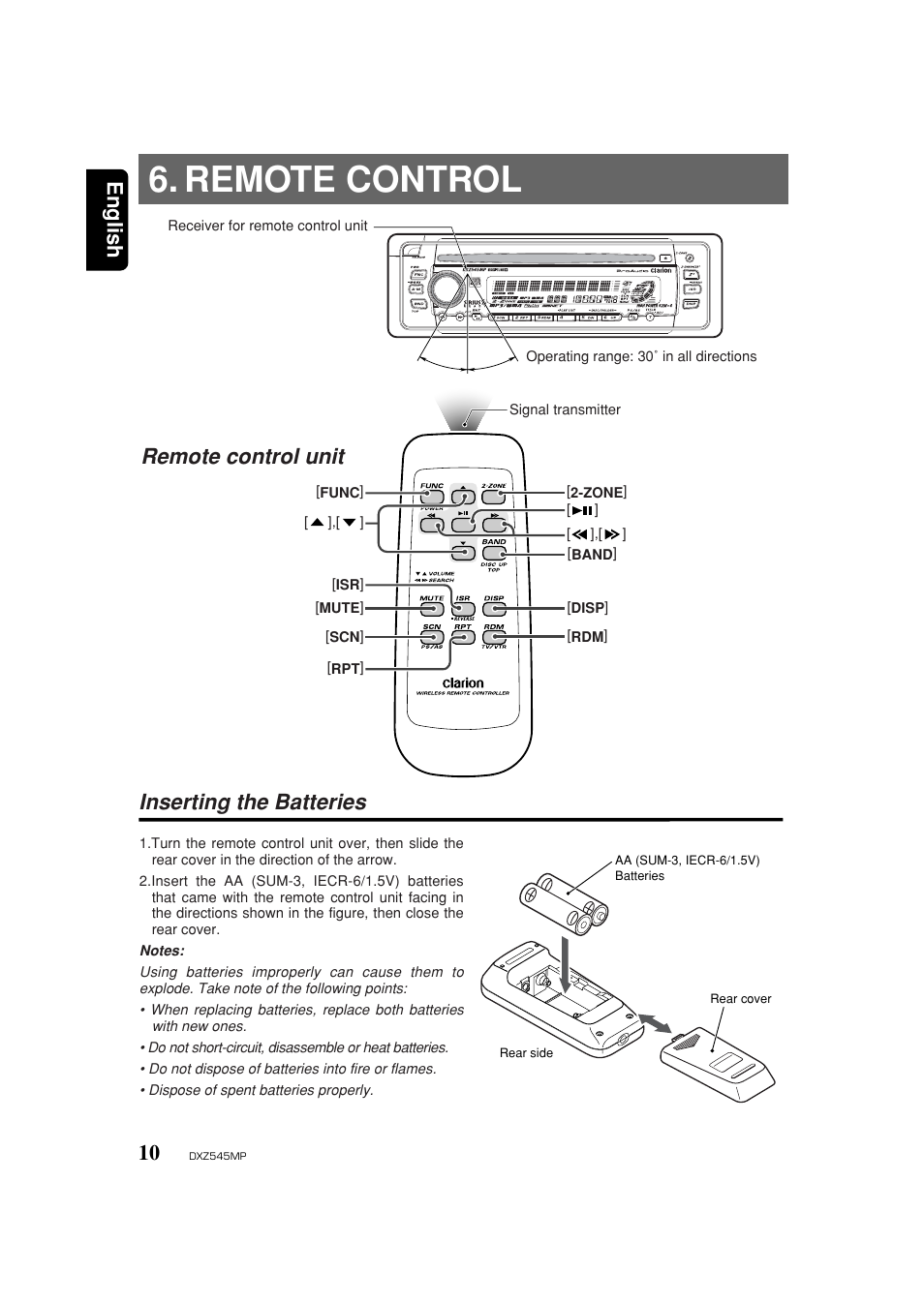 Remote, Remote control, English | Remote control unit inserting the batteries | Clarion DXZ545MP User Manual | Page 10 / 41