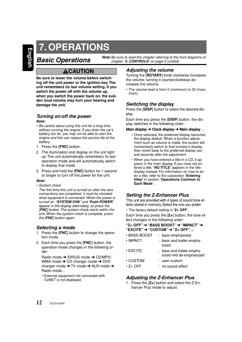 Operation, Basic operations, Power on / off | Selecting a source / mode, Volume, Switching the display, Setting the z-enhancer plus, Operations, English, Caution | Clarion DXZ545MP User Manual | Page 12 / 41