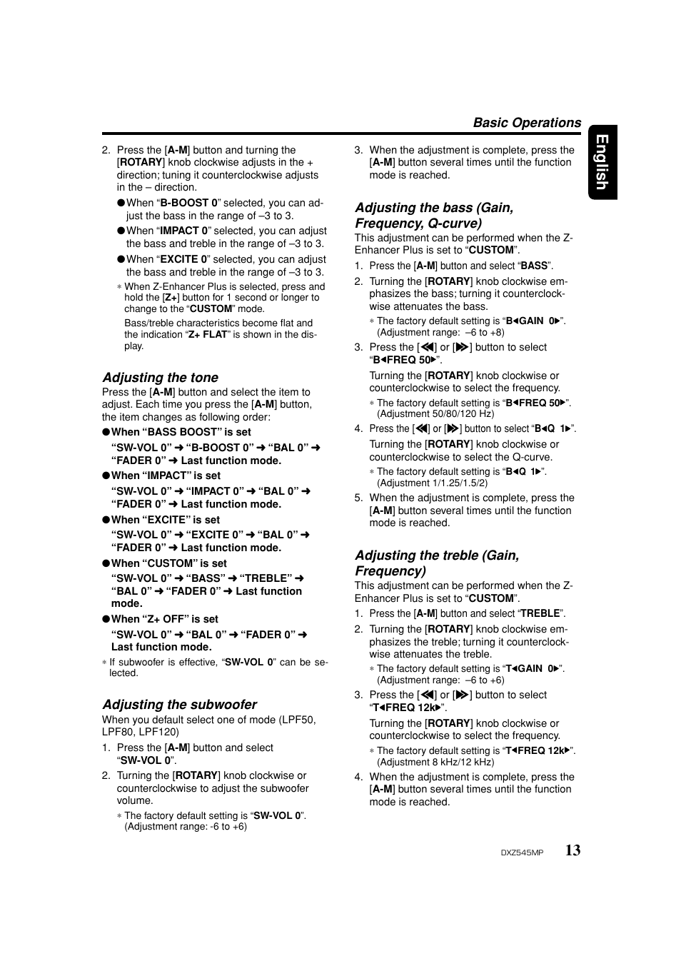 Tone, Adjusting the subwoofer, Bass | Treble, 13 english, Adjusting the tone, Adjusting the bass (gain, frequency, q-curve), Adjusting the treble (gain, frequency), Basic operations | Clarion DXZ545MP User Manual | Page 13 / 41