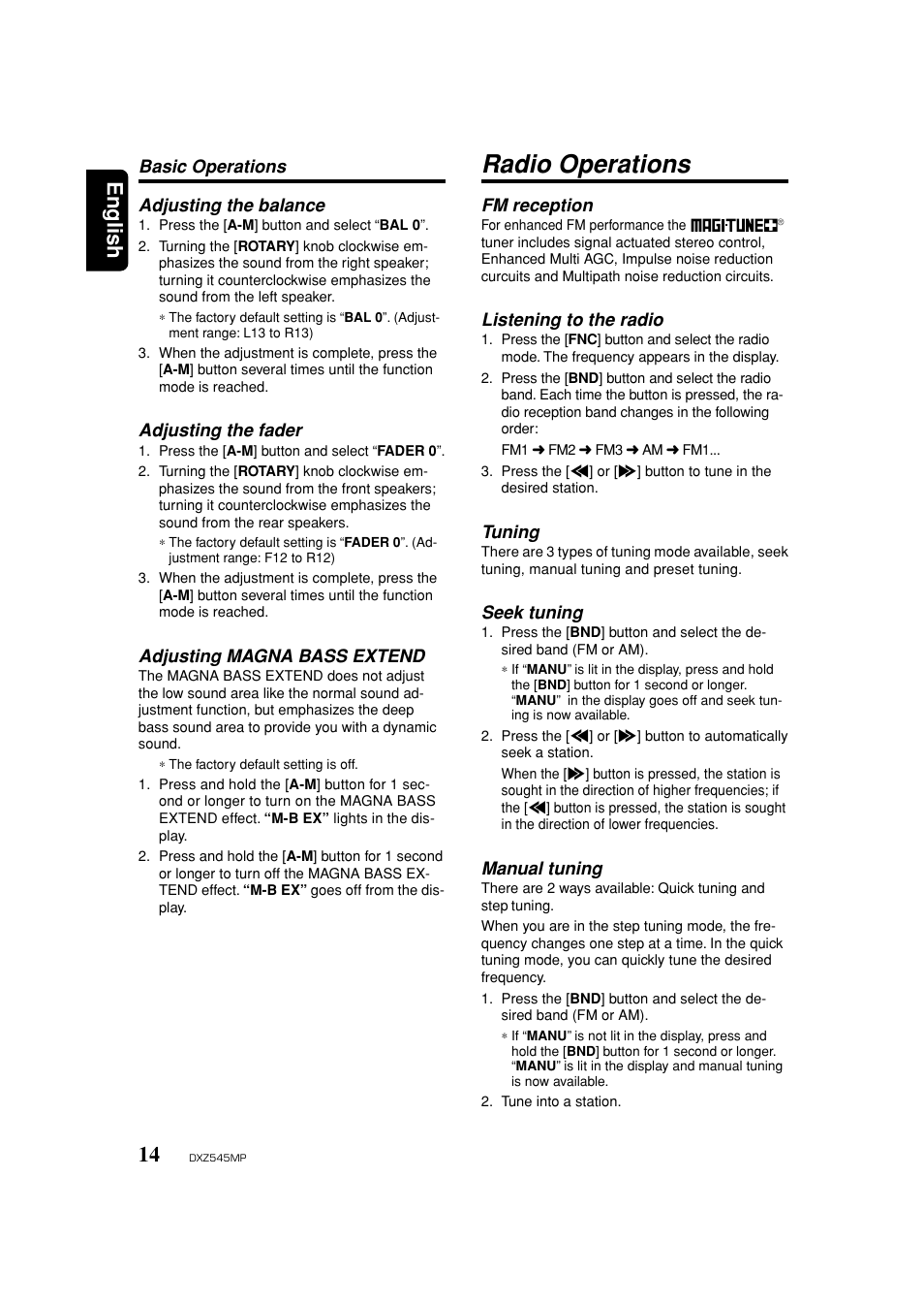 Balance, Fader, Adjusting magna bass extend | Radio operations, Listening to the radio, Seek tuning, Manual tuning, English | Clarion DXZ545MP User Manual | Page 14 / 41
