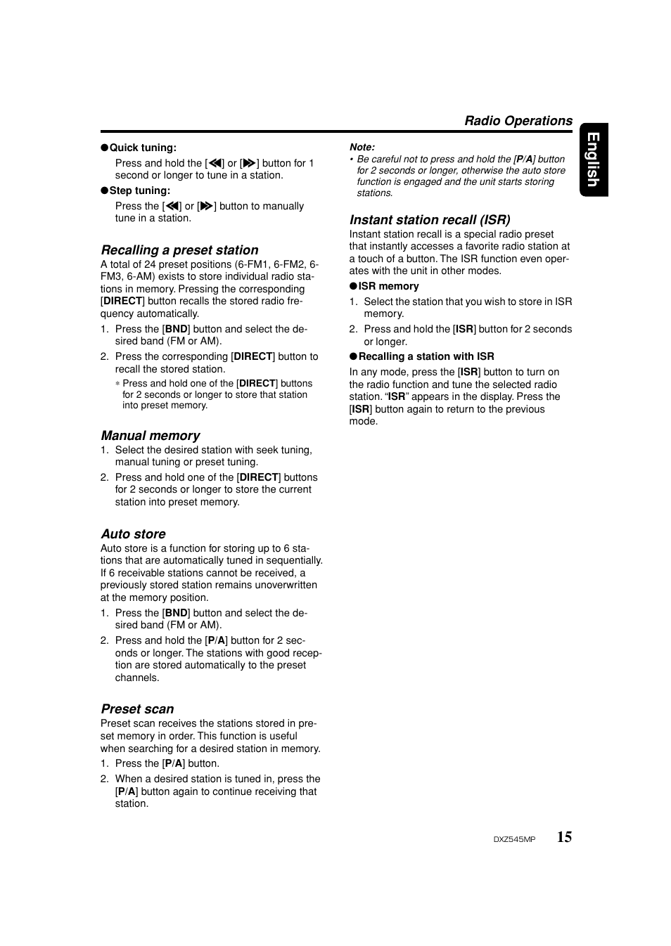 Recalling a preset station, Manual memory, Auto store | Preset scan, Instant station recall (isr), 15 english | Clarion DXZ545MP User Manual | Page 15 / 41