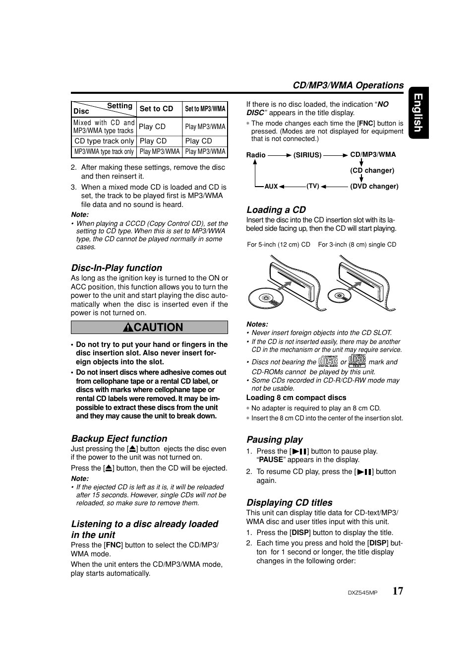 Disc-in-play function, Backup eject function, Listening to a disc already loaded | Loading a cd, Pausing play, Displaying cd titles, 17 english, Caution, Cd/mp3/wma operations, Listening to a disc already loaded in the unit | Clarion DXZ545MP User Manual | Page 17 / 41