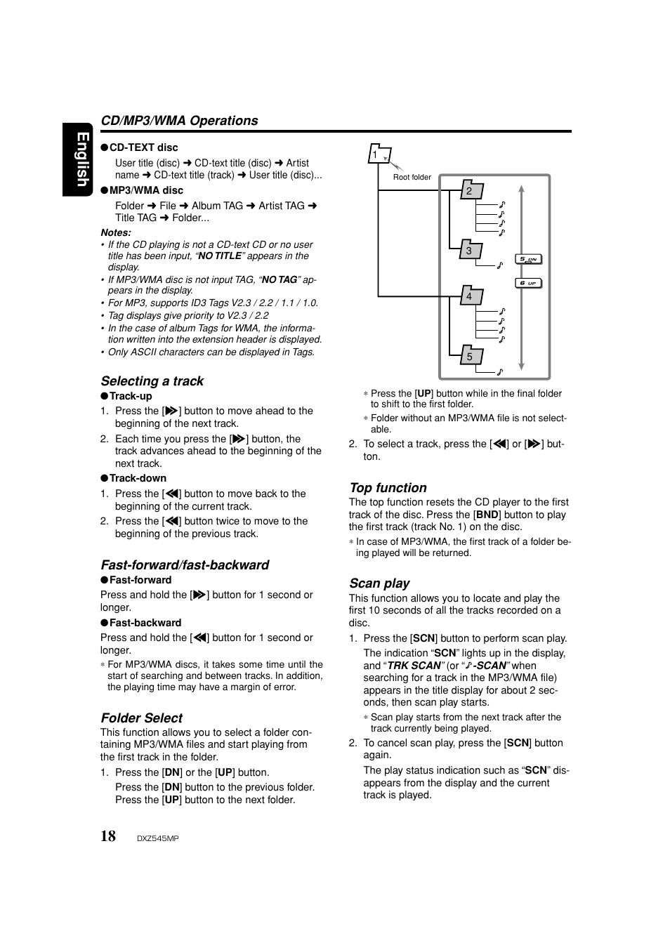 Selecting a track, Fast forward / reverse, Folder select | Top function, Scan play, English, Fast-forward/fast-backward, Cd/mp3/wma operations | Clarion DXZ545MP User Manual | Page 18 / 41