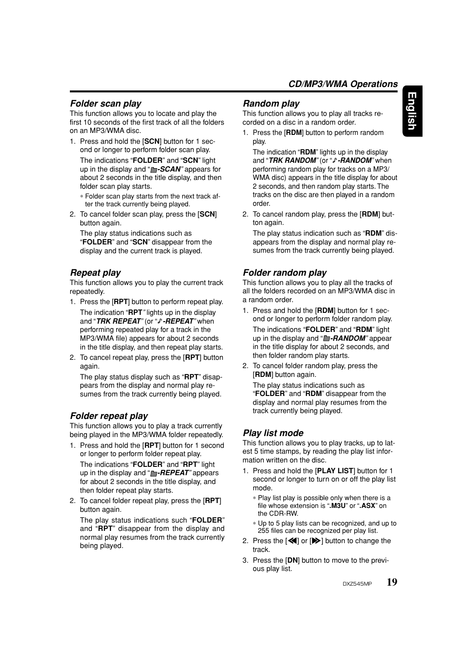 Folder scan play, Repeat play, Folder repeat play | Random play, Folder random play, Play list mode, 19 english, Cd/mp3/wma operations folder scan play | Clarion DXZ545MP User Manual | Page 19 / 41