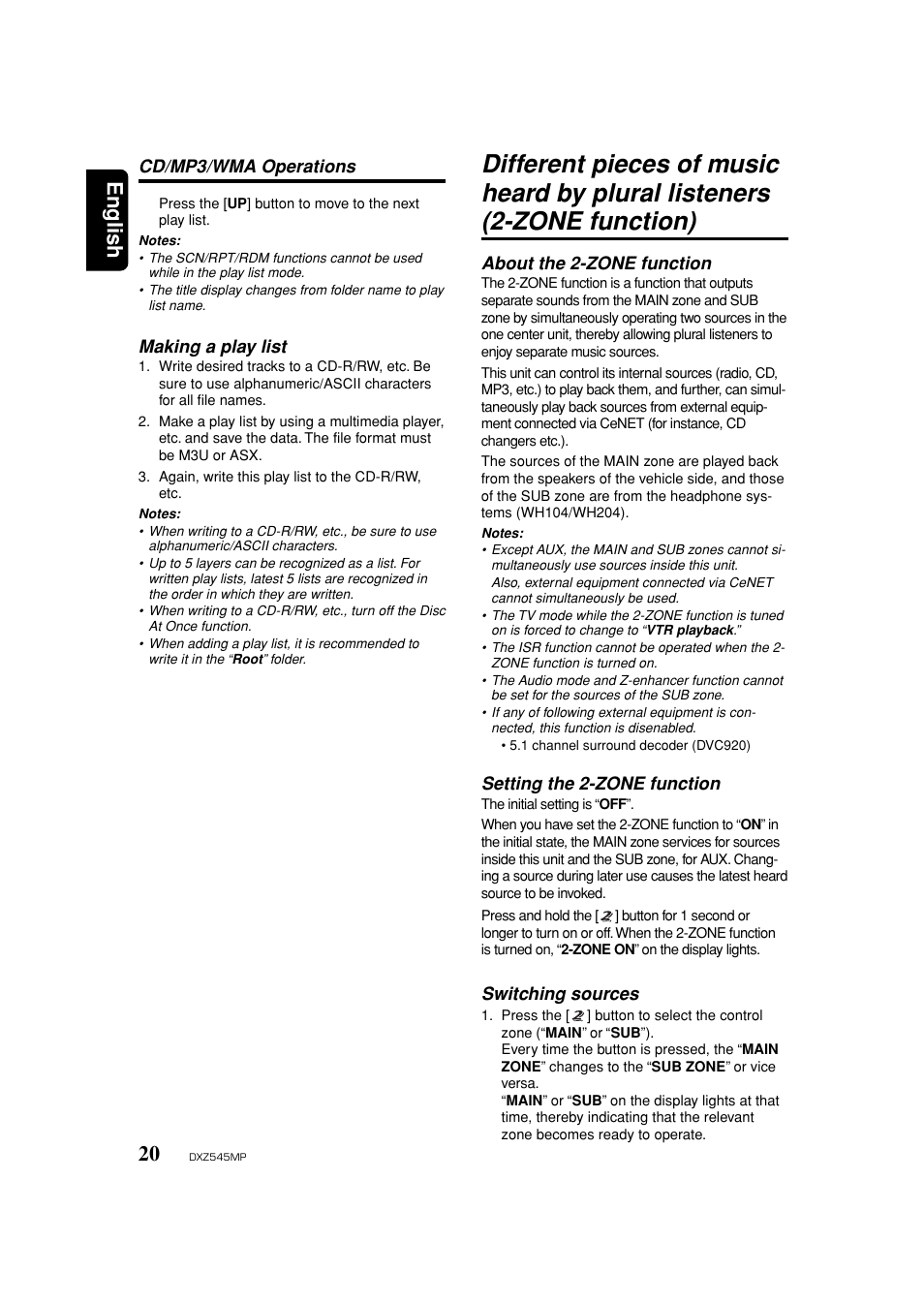 Making a play list, Zone function, About the 2-zone function | Switching sources, English | Clarion DXZ545MP User Manual | Page 20 / 41