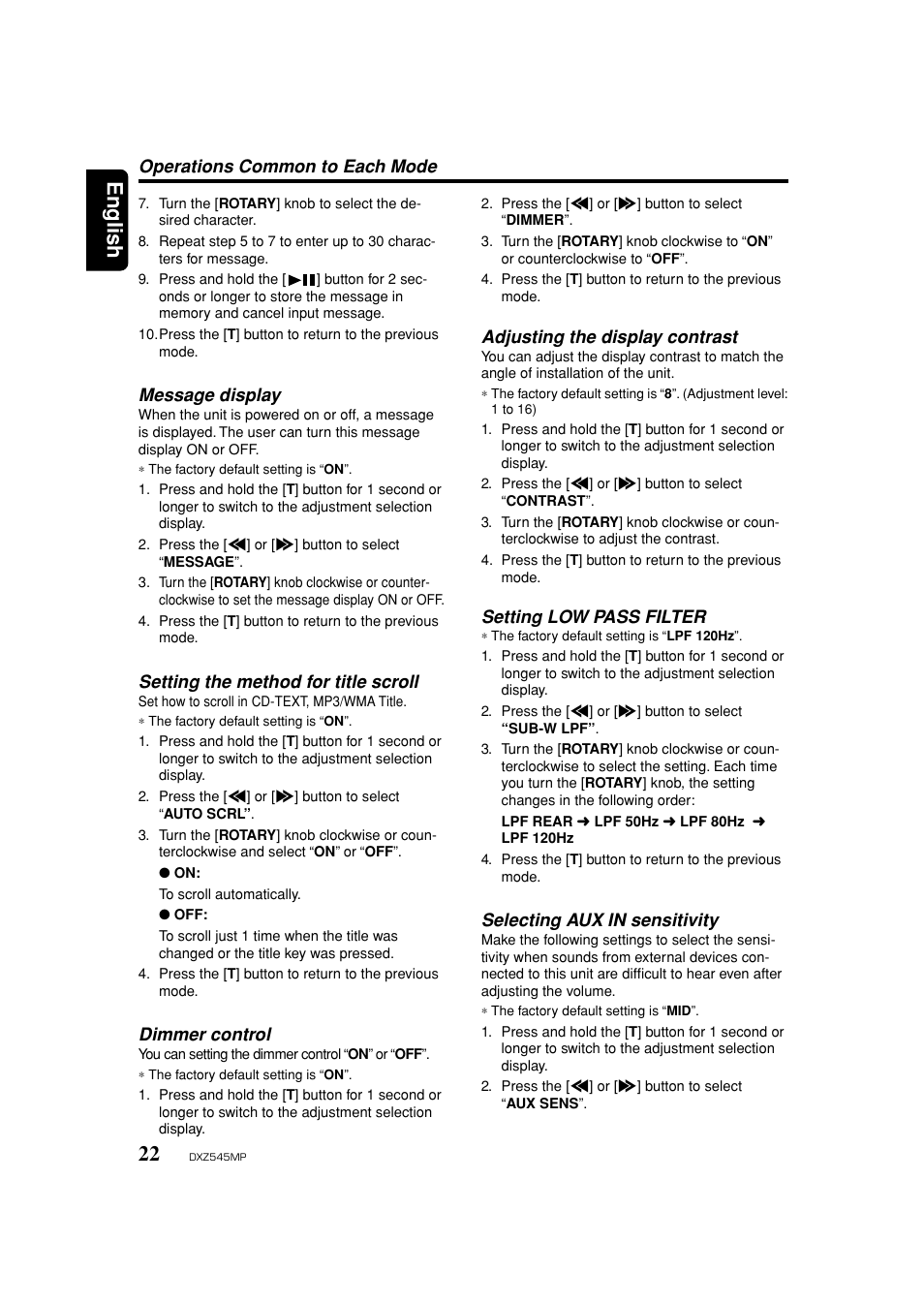 Message display, Setting the method for title scroll, Dimmer | Contrast, Low pass filter, Aux in sensitivity, English, Operations common to each mode, Adjusting the display contrast, Setting low pass filter | Clarion DXZ545MP User Manual | Page 22 / 41