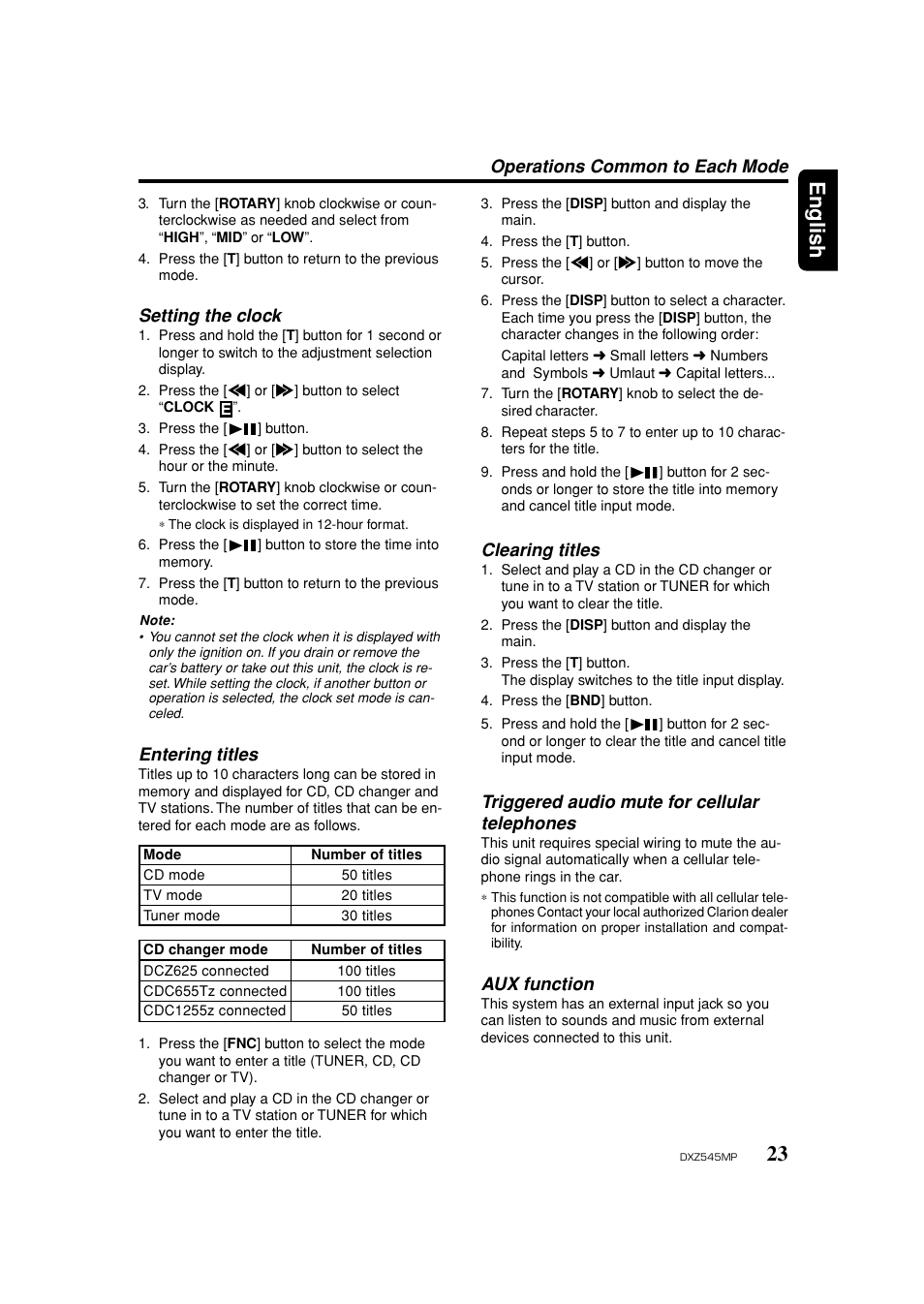 Clock set, Entering titles, Clearing titles | Tel mute, 23 english, Operations common to each mode, Triggered audio mute for cellular telephones, Aux function, Setting the clock | Clarion DXZ545MP User Manual | Page 23 / 41