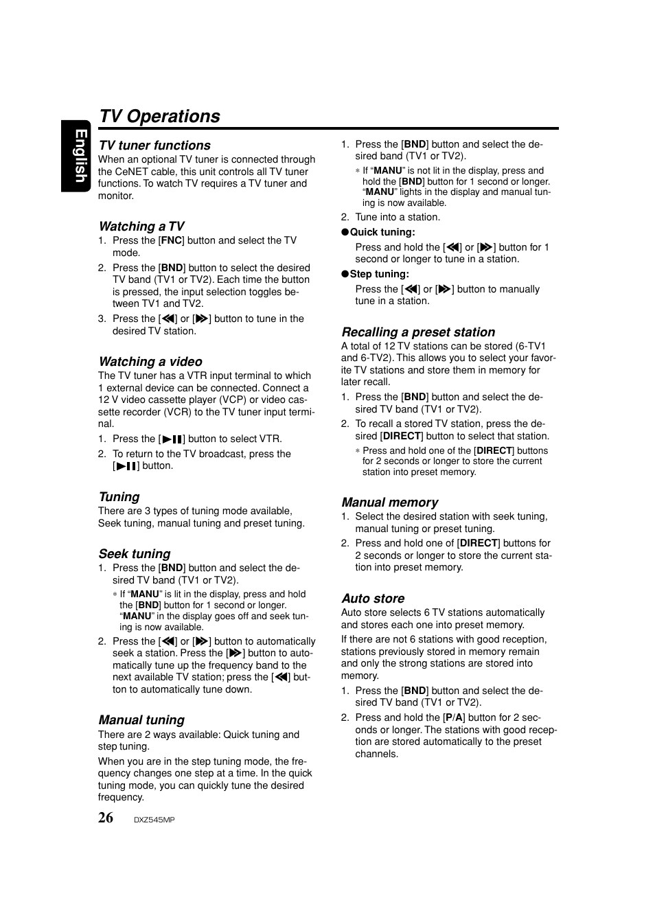 Tv operations, Tv tuner functions, Watching a tv | Watching a video, Seek tuning, Manual tuning, Recalling a preset station, Manual memory, Auto store, English | Clarion DXZ545MP User Manual | Page 26 / 41