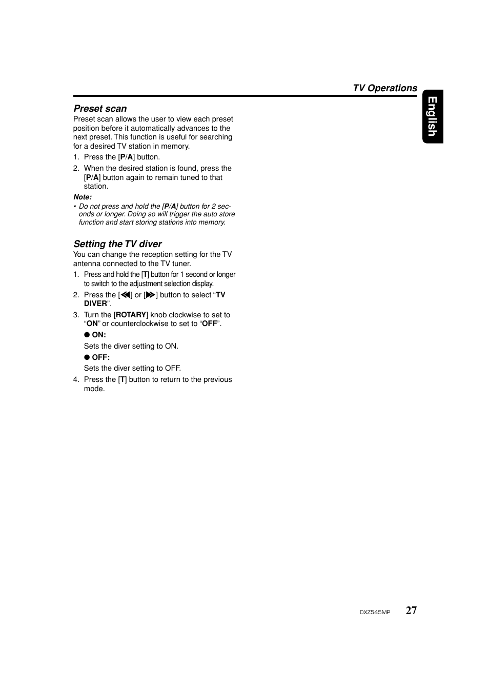 Preset scan, Setting the tv diver, 27 english | Clarion DXZ545MP User Manual | Page 27 / 41