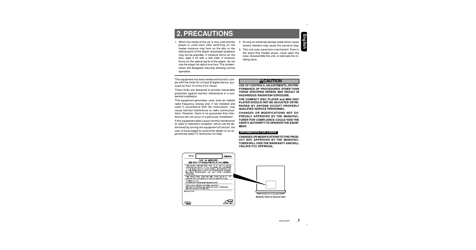 Precautions, 3english, Caution | Clarion DXZ545MP User Manual | Page 3 / 41