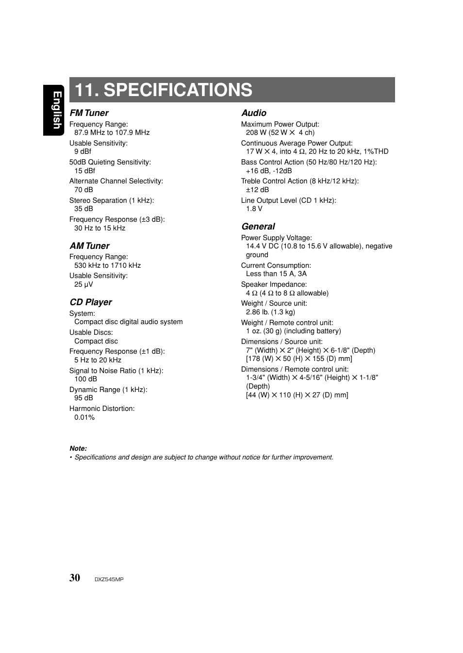 Specs, Specifications, English | Clarion DXZ545MP User Manual | Page 30 / 41