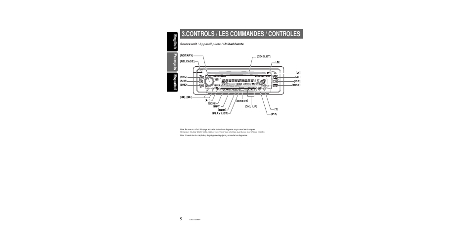 Controls & indicators, Front panel, Controls / les commandes / controles | English français español | Clarion DXZ545MP User Manual | Page 5 / 41