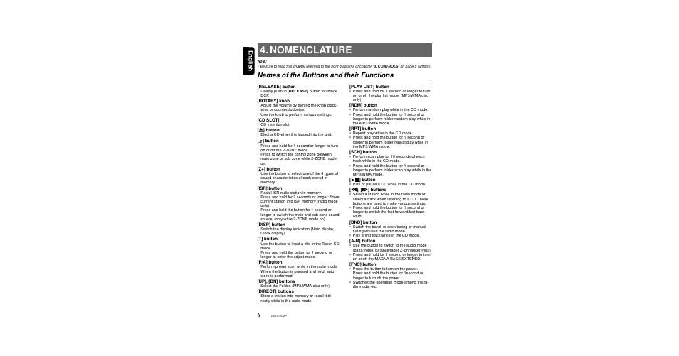 Nomenclature, Names of the buttons and their functions, English | Clarion DXZ545MP User Manual | Page 6 / 41