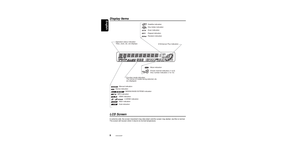Front panel display, Lcd screen, Display items | English | Clarion DXZ545MP User Manual | Page 8 / 41