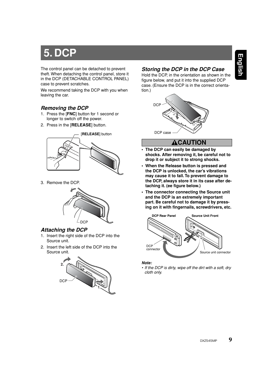 Attaching / removing faceplate, 9english, Caution | Clarion DXZ545MP User Manual | Page 9 / 41