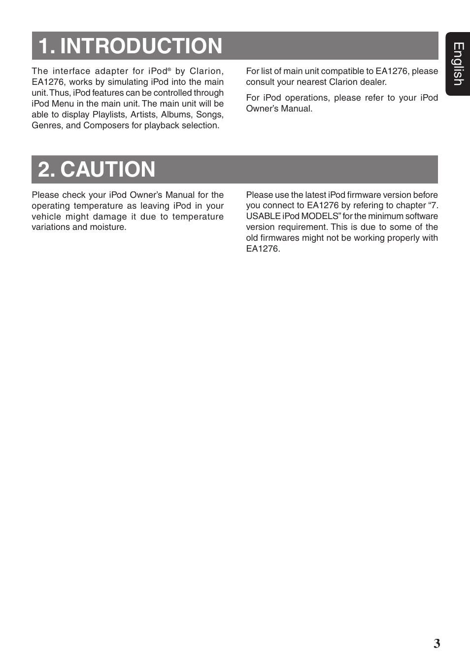 Introduction, Caution, 3english | Clarion EA1276 User Manual | Page 3 / 9