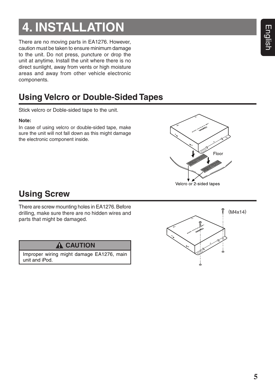 Installation, Using screw, Using velcro or double-sided tapes | 5english | Clarion EA1276 User Manual | Page 5 / 9