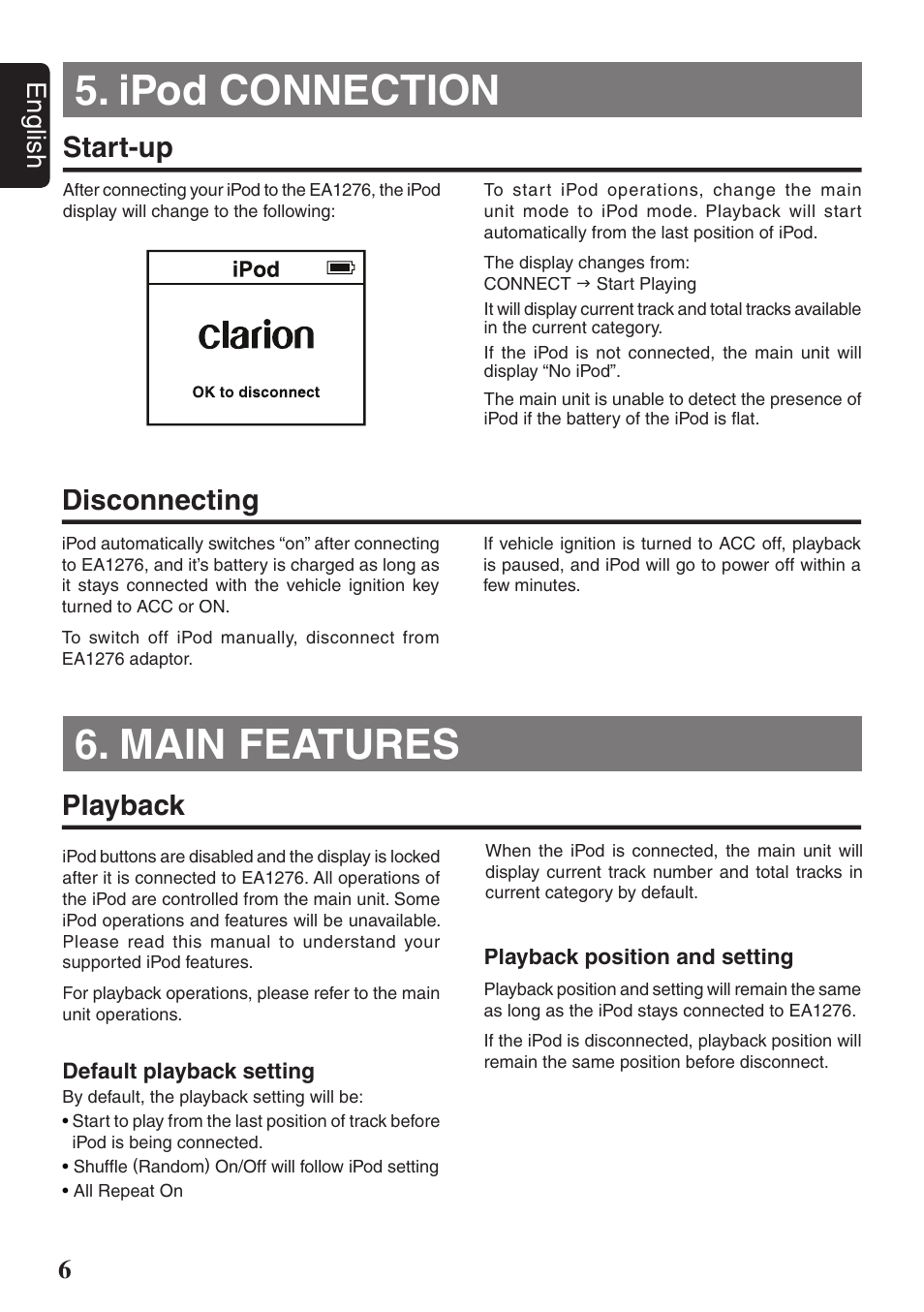 Ipod connection, Main features, Start-up | Playback disconnecting, 6english | Clarion EA1276 User Manual | Page 6 / 9