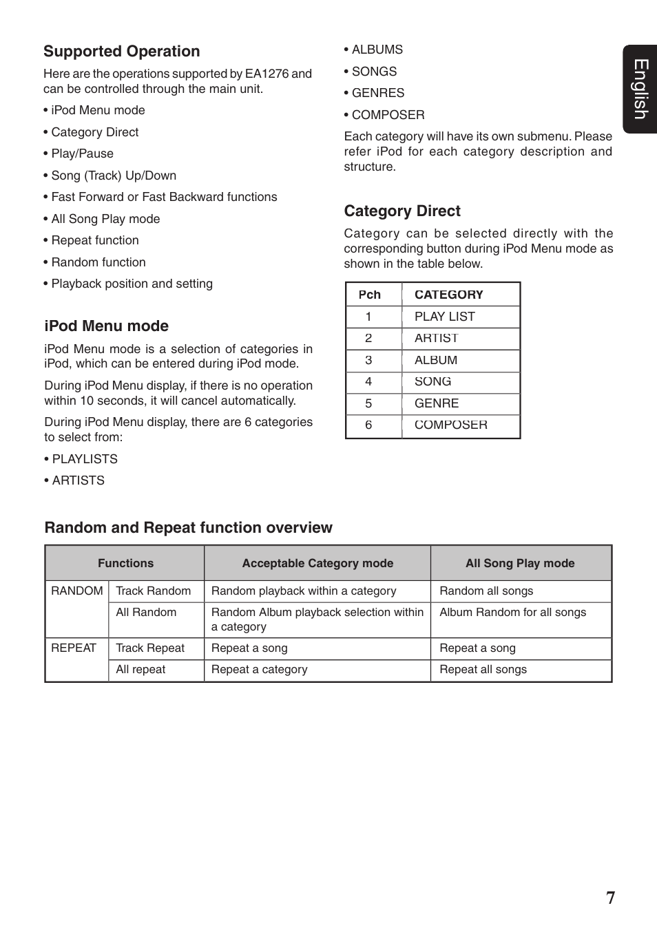 7english, Supported operation, Ipod menu mode | Category direct, Random and repeat function overview | Clarion EA1276 User Manual | Page 7 / 9