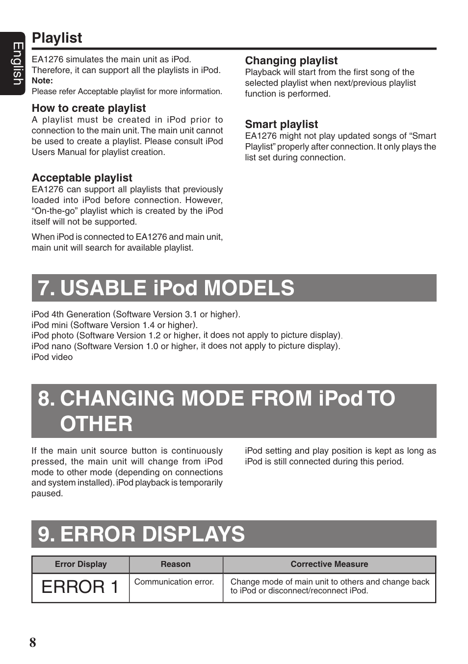 Usable ipod models, Changing mode from ipod to other, Error displays | Error 1, Playlist | Clarion EA1276 User Manual | Page 8 / 9