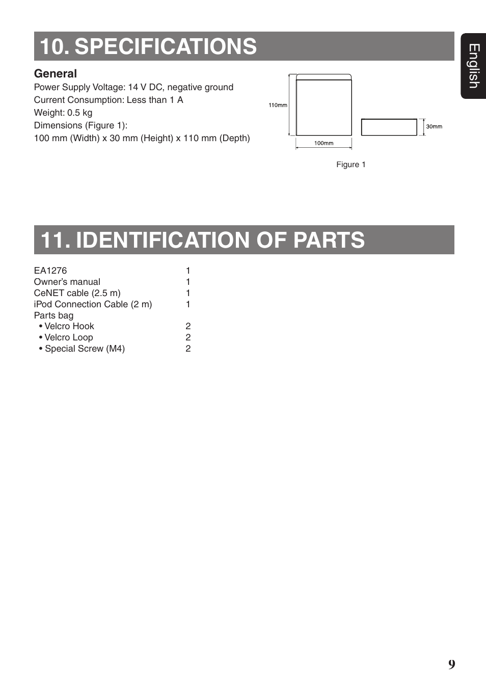 Specifications 11. identification of parts, 9english | Clarion EA1276 User Manual | Page 9 / 9