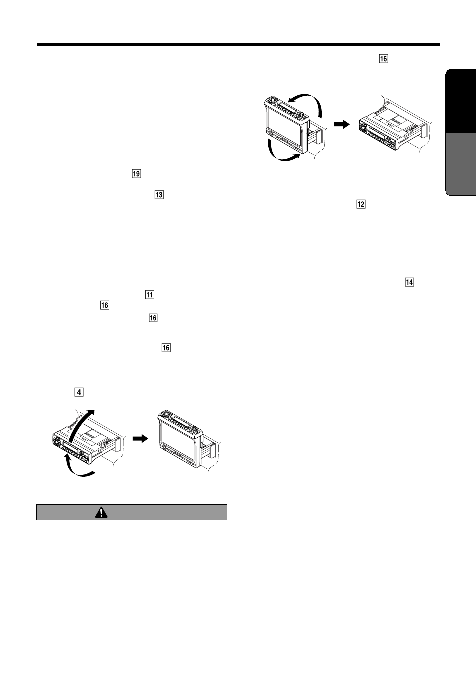 15 english, Caution, Basic operations | Showing a mode display, Opening and turning the display, Turning on and off the monitor, Mute, Setting the z-enhancer | Clarion pro audio vrx 630 User Manual | Page 11 / 38