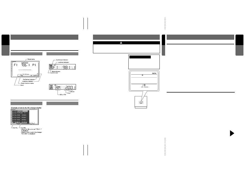 Mode display, Precautions, Cautions on handling | Title list mode display, Display common to each mode, Lcd panel/generalities, Cleaning, English, Vrx630, Warning | Clarion pro audio vrx 630 User Manual | Page 3 / 38
