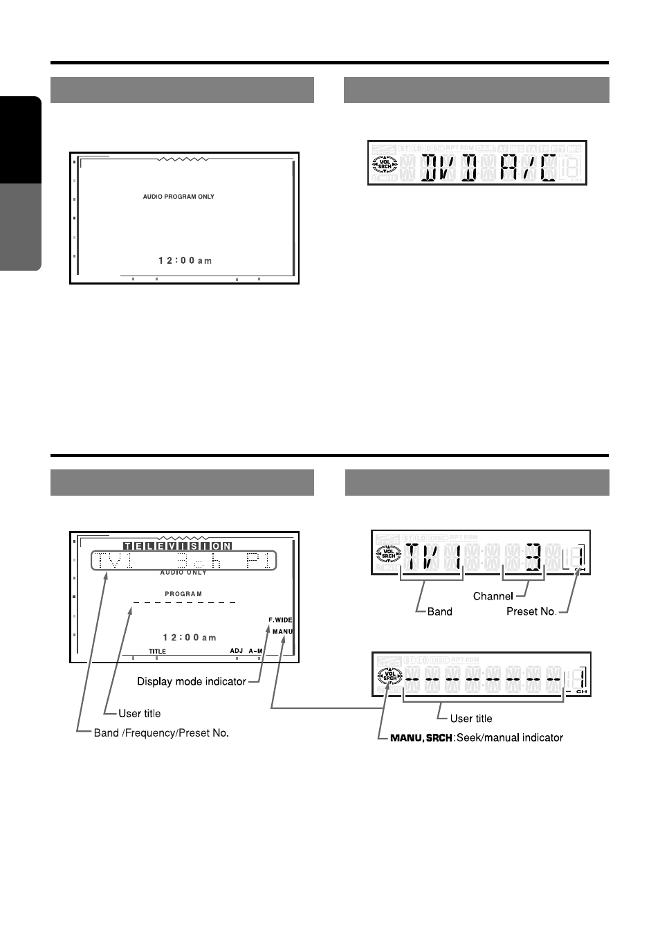 Tv mode display, Dvd changer mode display, English | Clarion pro audio vrx 630 User Manual | Page 6 / 38